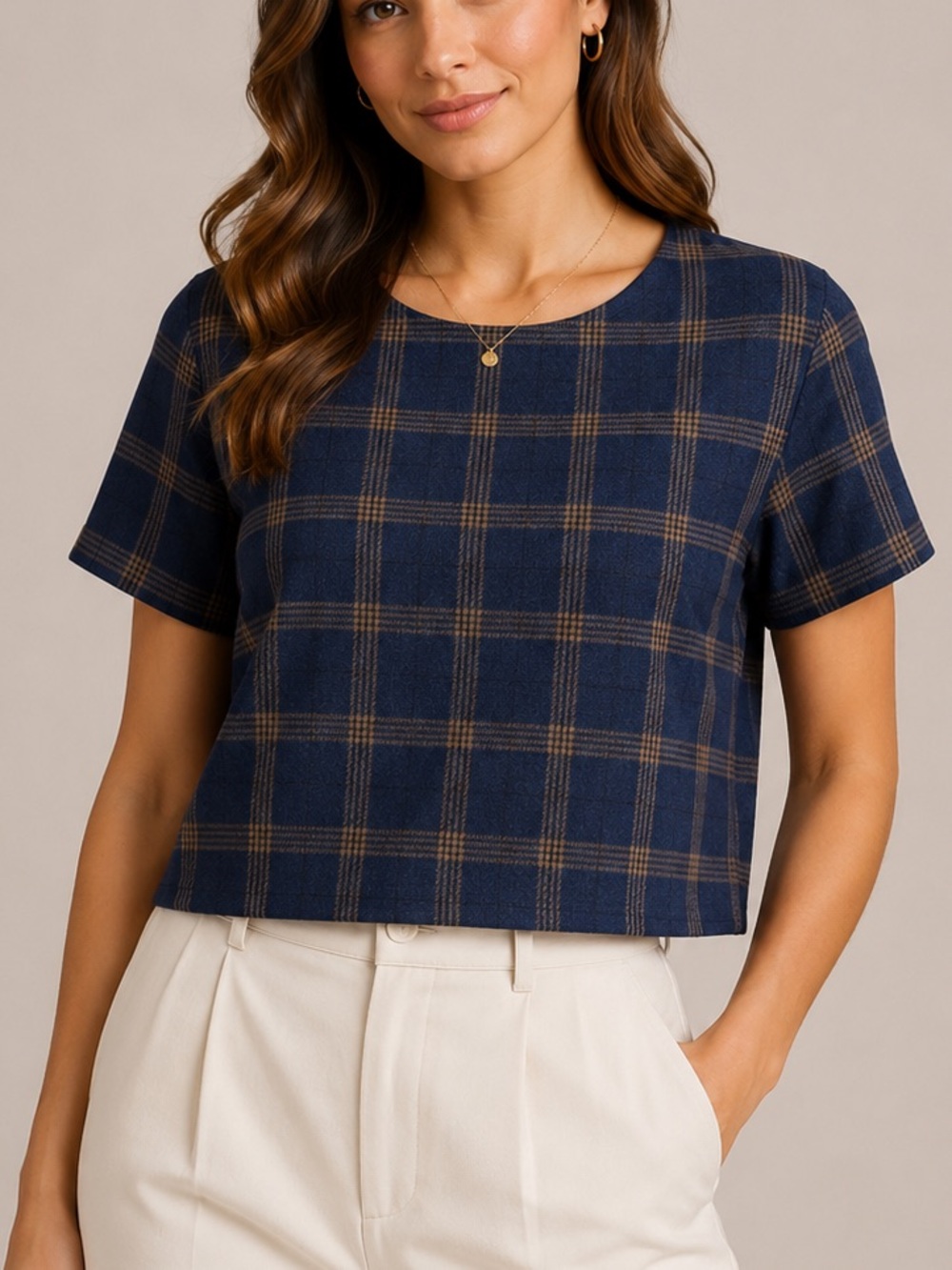 Everly Blue Tan Plaid Cropped Relaxed Fit Short Sleeve Zip Back Top